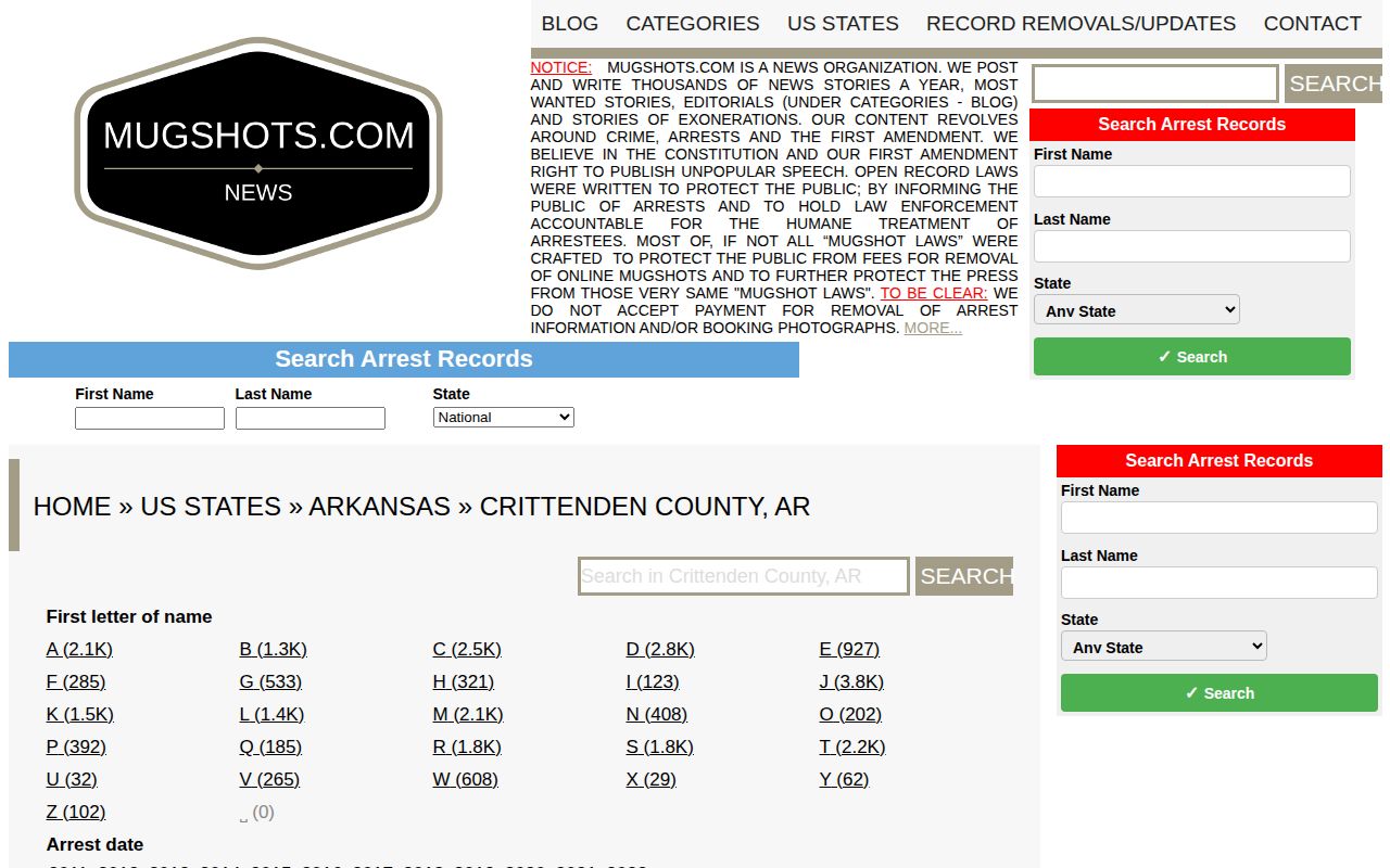 Crittenden County arrest record copies on the unofficial Mugshots.com section