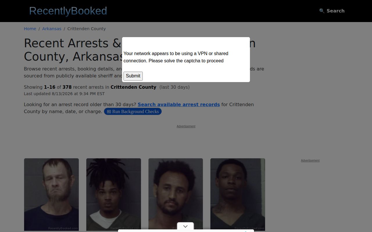 Crittenden County booking mugshots on the unofficial Recently Booked section