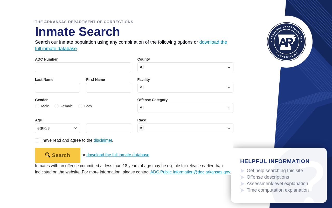 Arkansas ADC search for Crittenden County state prisoner records and photos