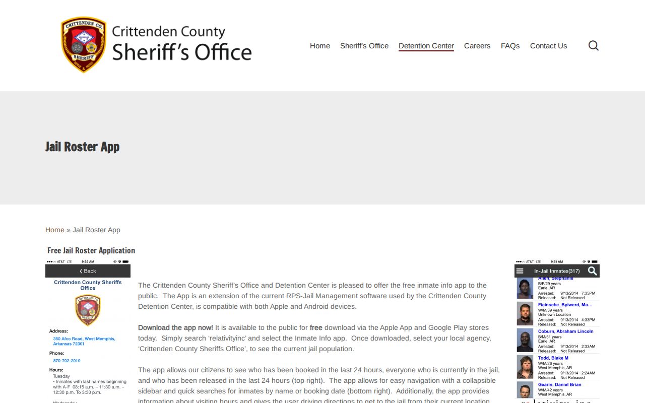 Crittenden County RPS app booking and release search instructions